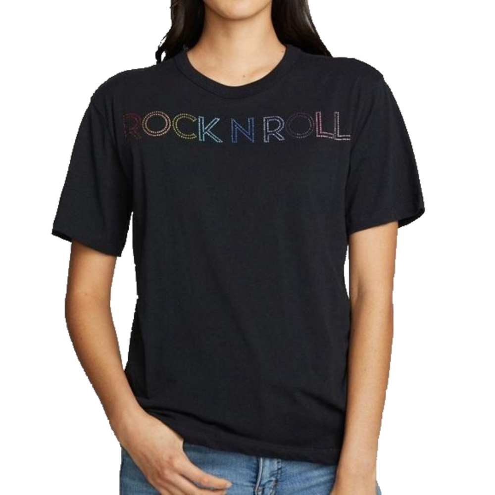Chaser Rock N Roll Black Rhinestone Embellished Short Sleeve Crewneck Tee S NWT